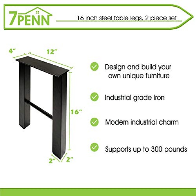 7Penn 산업용 금속 야외 테이블 다리 2개 세트(검정색) - 가구 저녁 식사 또는 커피 테이블용 16인치 강철 다리