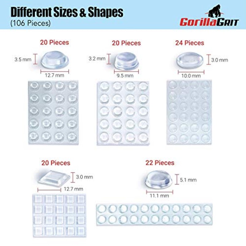 투명 접착 범퍼 패드 106개 + 스피커, 전자 제품, 가구, 캐비닛 도어, 유리 상판, 액자, 도마를 위한 투명하고 긴 사각형 범퍼 20개 콤보.