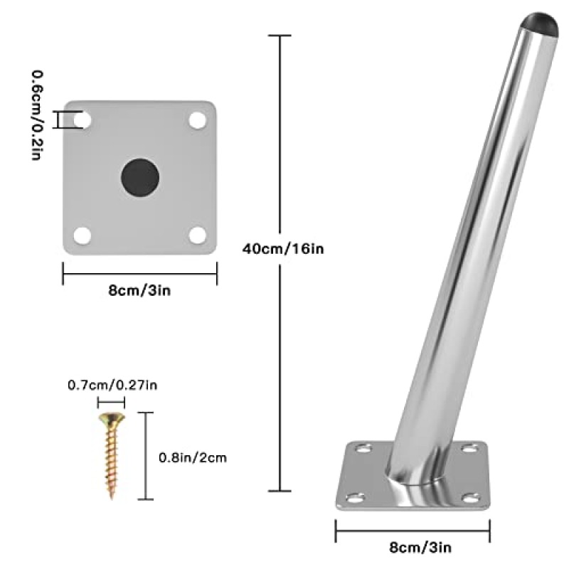 UKOSNA 8pcs 16 인치 테이블 다리, 비스듬한 원추형 금속 가구 다리 소파 캐비닛 커피 테이블 의자 찬장 소파 오토만 나이트 스탠드 책장 용 실버 세기 중반 스타일 의자 피트 교체 다리