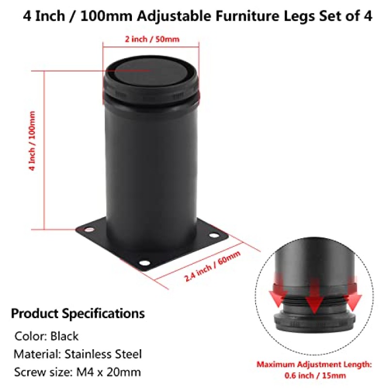 Qjaiune 조정 가능한 가구 다리 4 인치 / 100mm 소파 다리 4, 2 인치 직경 세트 의자 드레서 및 커피 테이블 DIY 용 원형 스테인레스 스틸 금속 캐비닛 피트 소파 발 교체 (검은색)