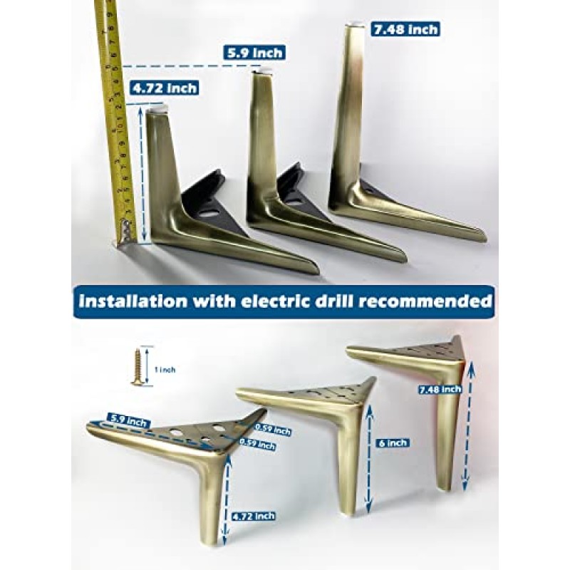Kaupuar 4.72 인치 골동품 황동 가구 다리 캐비닛 소파 소파 테이블 의자 침대 TV 세트 4 중반 세기 현대 다리 DIY 교체에 대한 금 금속을 닦았