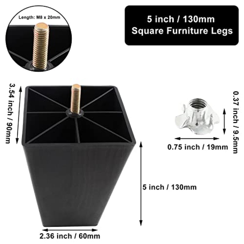 Qjaiune 정사각형 가구 다리 5인치/130mm 소파 다리 4개 세트, M8 행거 볼트가 있는 플라스틱 캐비닛 피트, 러브시트 의자 드레서 및 커피 테이블 DIY용 오토만 다리 소파 발 교체(검은색)