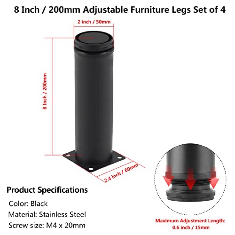 Qjaiune 조정 가능한 가구 다리 8 인치 / 200mm 소파 다리 4, 2 인치 직경 세트 의자 드레서 및 커피 테이블 DIY 용 원형 스테인레스 스틸 금속 캐비닛 피트 소파 발 교체 (검은색)