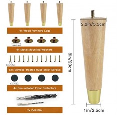 KARINA QURATZ 8인치 목재 가구 다리 가구용 세기 중반 다리 4개 세트 소파, 테이블, 캐비닛, 책상, 옷장 홈 DIY 프로젝트(황금 모자가 있는 목재)용 현대 교체 다리
