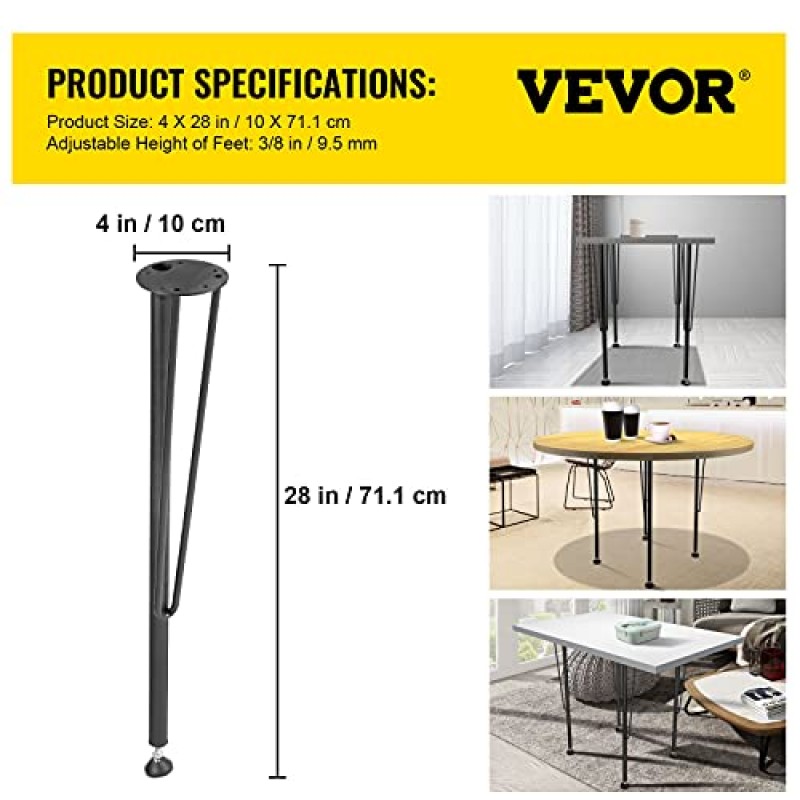 VEVOR 머리핀 금속 테이블 다리 28인치 책상 다리 4개의 헤비 듀티 벤치 다리 세트 3막대 금속 가구 다리 단철 커피 테이블 다리 고무 바닥 보호대가 포함된 다이닝 테이블용 홈 DIY 블랙