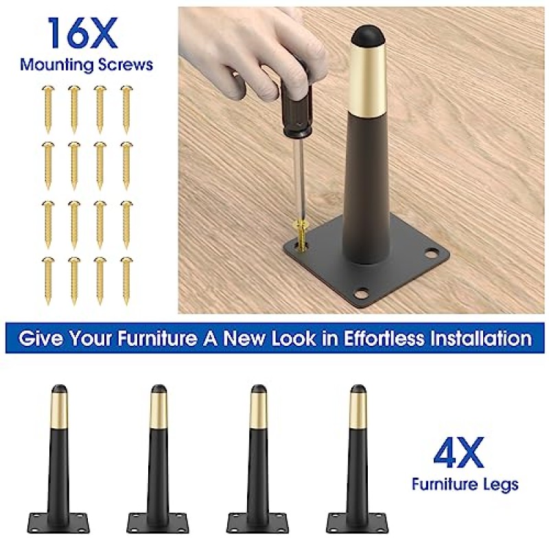 가구 다리 4개 세트 8인치 현대식 가구 다리 미드 센추리 직선 원뿔 금속 다리 금속 높은 테이퍼 경사 피트 책상, 캐비닛, 테이블+장착 나사용 소파 교체 다리(검은색 및 금색)