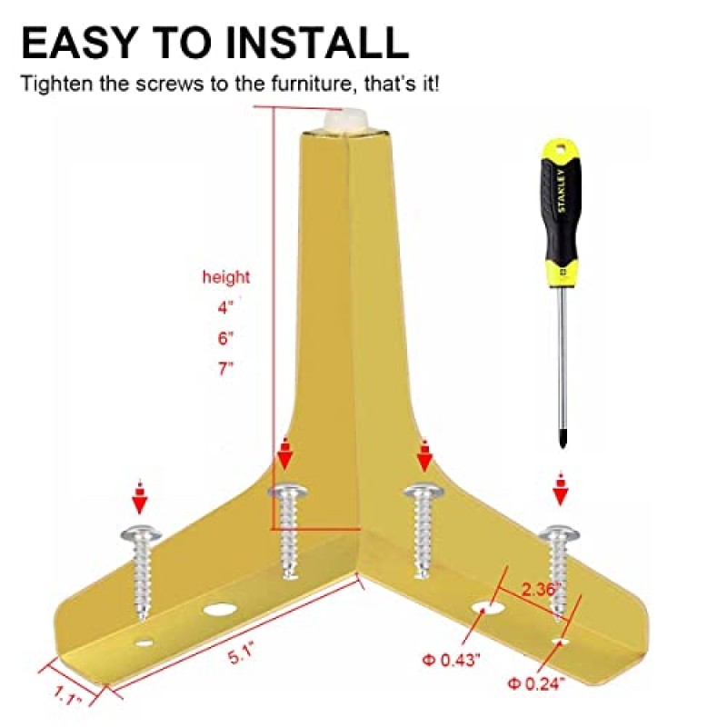 Aukomer 금속 가구 다리 가구용 4인치 골드 다리 4개 세트 - 모던 소파 피트 - 헤비 듀티 드레서 다리 - 소파 캐비닛 드레서 찬장 의자(4인치, 골드)용 DIY 교체
