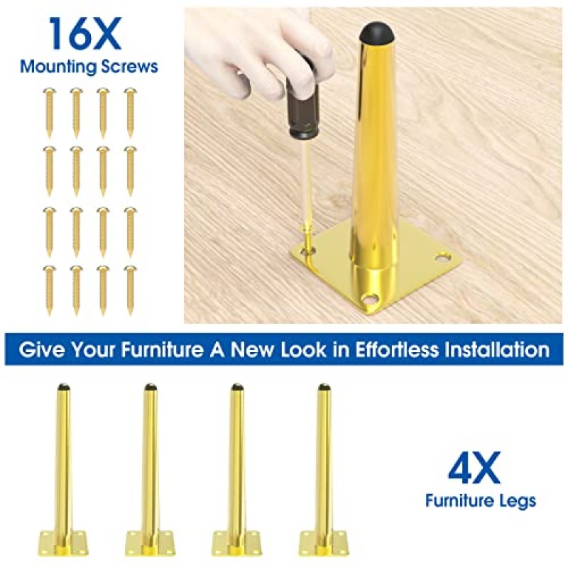 가구 다리 4개 세트 10인치 현대식 가구 다리 미드 센츄리 직선 원뿔 금속 다리 금속 높은 테이퍼 경사 피트 책상, 캐비닛, 테이블+장착 나사용 소파 교체 다리(금색)