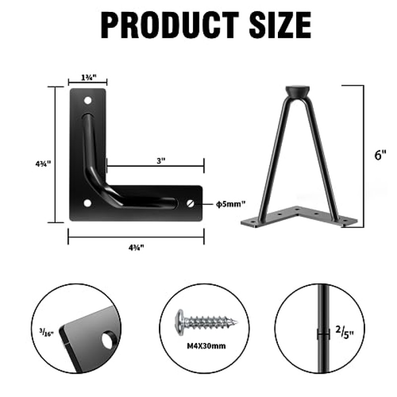 HOOSHEE 6인치 머리핀 가구 다리(600Lb), 헤비 듀티 머리핀 테이블 다리, 견고한 금속 테이블 다리, TV 스탠드, 캐비닛, 커피 테이블, 고무 바닥 보호 장치가 있는 책상 등을 위한 DIY 프로젝트 검정색 4개