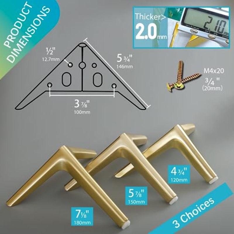 SunVFaFa 금속 가구 다리 4 3/4인치, 소형 드레서 다리 4개 세트, 짧은 캐비닛 소파 다리, 가구용 DIY 교체 다리 오토만 나이트스탠드 커피 테이블 큐브 보관 소파(브러시드 골드)