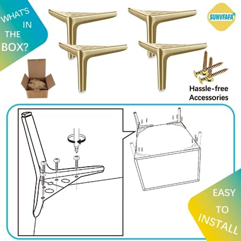 SunVFaFa 금속 가구 다리 4 3/4인치, 소형 드레서 다리 4개 세트, 짧은 캐비닛 소파 다리, 가구용 DIY 교체 다리 오토만 나이트스탠드 커피 테이블 큐브 보관 소파(브러시드 골드)
