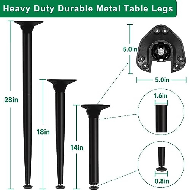 waaliji 3-in-1 금속 접이식 테이블 다리(원형 또는 사각형 테이블용 조절 가능한 바닥 보호 장치 포함), 접이식 홈 DIY 가구 다리, 28/18/14인치, 검정색, 4개 세트