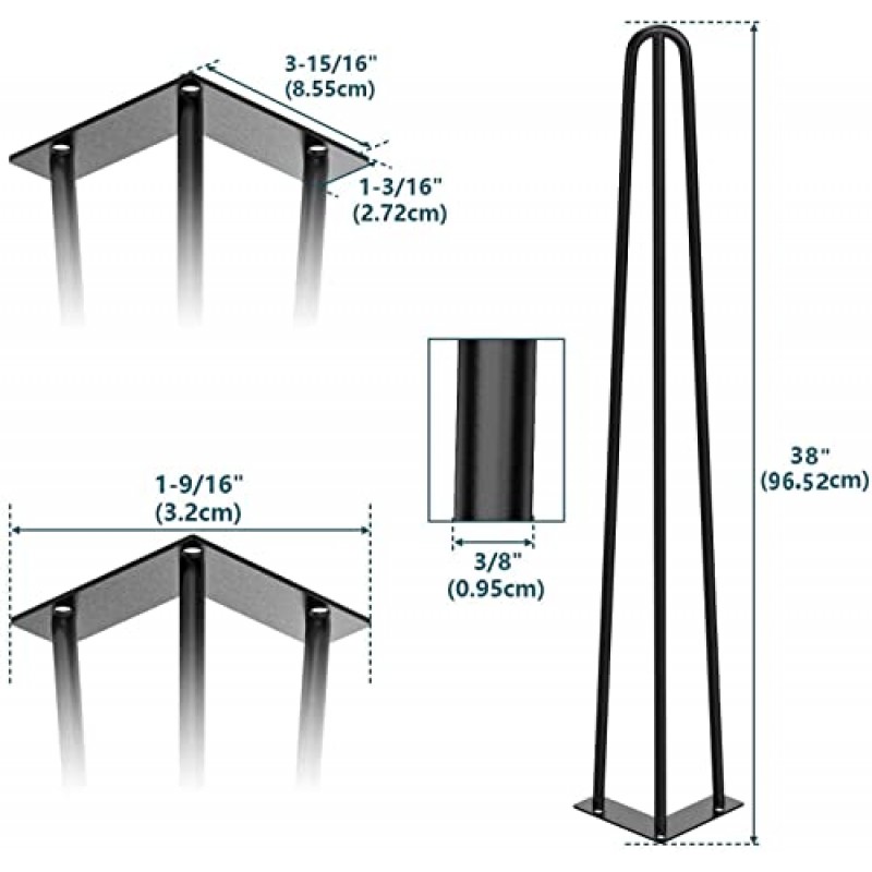 CWLOTAC 38' 머리핀 커피 테이블 다리 금속 책상 테이블 다리가 있는 4-3개의 단단한 막대 세트 - 벤치 다리, 식탁 다리, 바 높이 테이블 다리용 산업용 홈 DIY - 고무 바닥 보호대 4개
