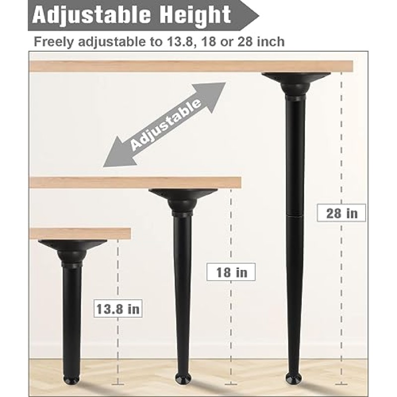 Koutemie 28인치 높이 접이식 테이블 다리, 책상, 스탠드, 커피 테이블, 검정, 4개 세트용 고무 패드가 있는 높이 조절 가능한 DIY 금속 가구 다리