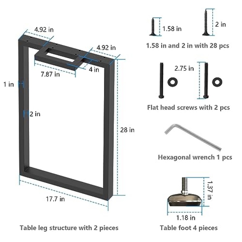 WAKKNA 테이블 다리 28인치 높이, 산업용 고강도 금속 책상 다리, 식탁, 작업대, 컴퓨터 책상용 현대 DIY 가구 다리, 2개 세트, 검정색