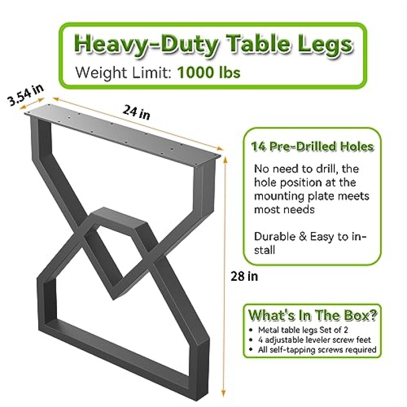PHWOTAN 금속 테이블 다리 28인치 x 24인치, 2개 책상 다리, 테이블용 다이아몬드 모양의 헤비 듀티 금속 다리, 식탁 사무용 컴퓨터 책상용 DIY 가구 다리