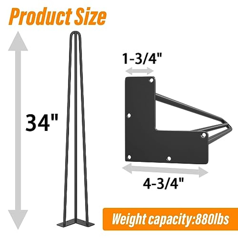 WINSOON 34인치 머리핀 다리 더 두꺼운 3-단단한 막대 직경 1/2', 부하 용량 880lbs, 커피 테이블 다리, 엔드 테이블, 책상, 식사, 벤치, 야간 스탠드용 금속 머리핀 테이블 다리 4개 세트 DIY 프로젝트