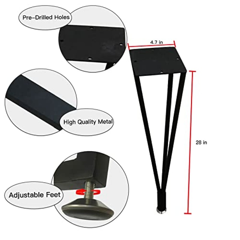 YCCO 머리핀 테이블 다리 검은색 28인치 가구용 4개 세트, 미드 센추리 금속 커피 머리핀 테이블 다리 헤비 듀티, 커피 테이블용 벤치 가구 테이블 다리 4개의 조절 가능한 다리가 있는 식사 다리, 검은색