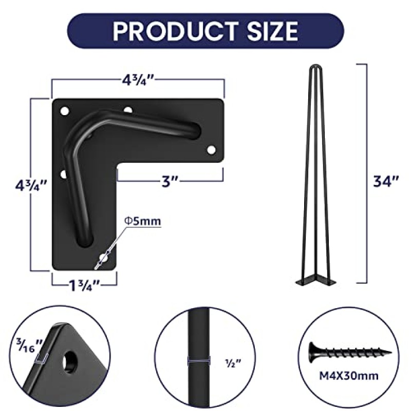 SMARTSTANDARD 34인치 중공 머리핀 가구 다리, 1/2' 3개 막대, 나이트 스탠드용 금속 홈 DIY 프로젝트, 커피 테이블, 고무 바닥 보호대가 있는 옷장, 검정색, 4개