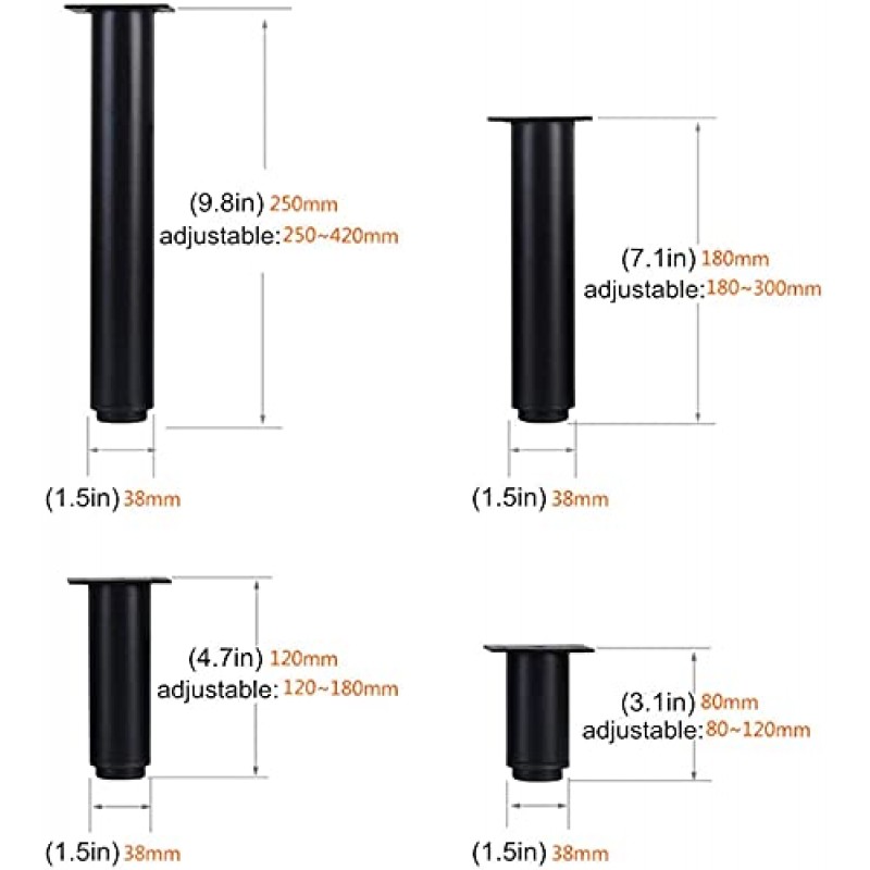 ISolay 4X DIY 금속 가구 피트, 냉간 압연 강철 캐비닛 가구 다리, 높이 조절 가능 원형 교체 가능 다리(흰색 180mm/7.1in)