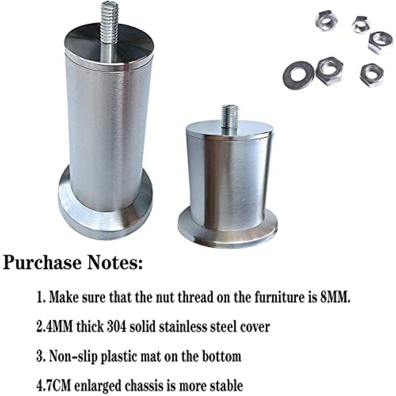 가구 다리 6인치 은색 금속 4개 세트, 스테인레스 스틸 소파 다리, 둥근 소파 다리 교체, 저장 공간 증가, 커피 테이블용, 현대식 DIY 가구 다리(실버 3cm)