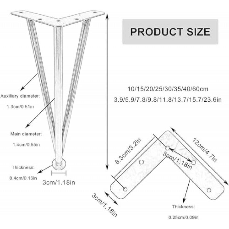 Wcxixo 4 Pcs 테이블 다리 금속, 조정 가능한 가구 다리, DIY 현대 머리핀 가구 피트, 블랙/골드/실버, 소파 침대 찬장 커피 테이블 교체 다리, 방수/녹 방지