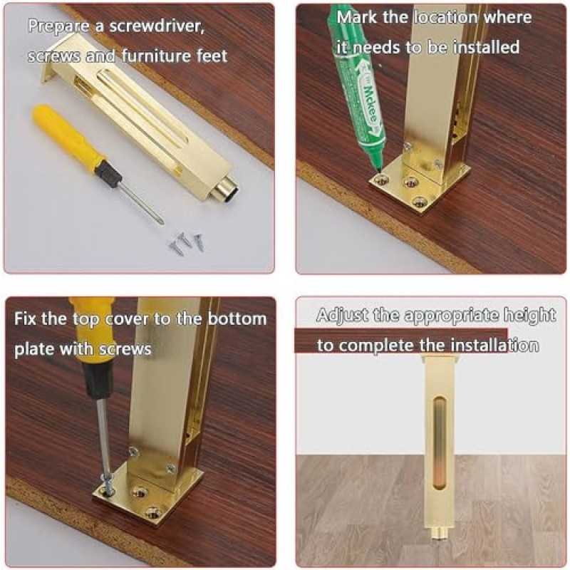 LYF 가구 다리 4개 세트, 금속 다리, 라이저 다리, 높이 8?10?12in, 조절 가능 1-10mm, 교체 다리, 검정색/금색, 가구용 금속 홈 DIY 프로젝트(색상: 금색, 크기: 250mm/10in)