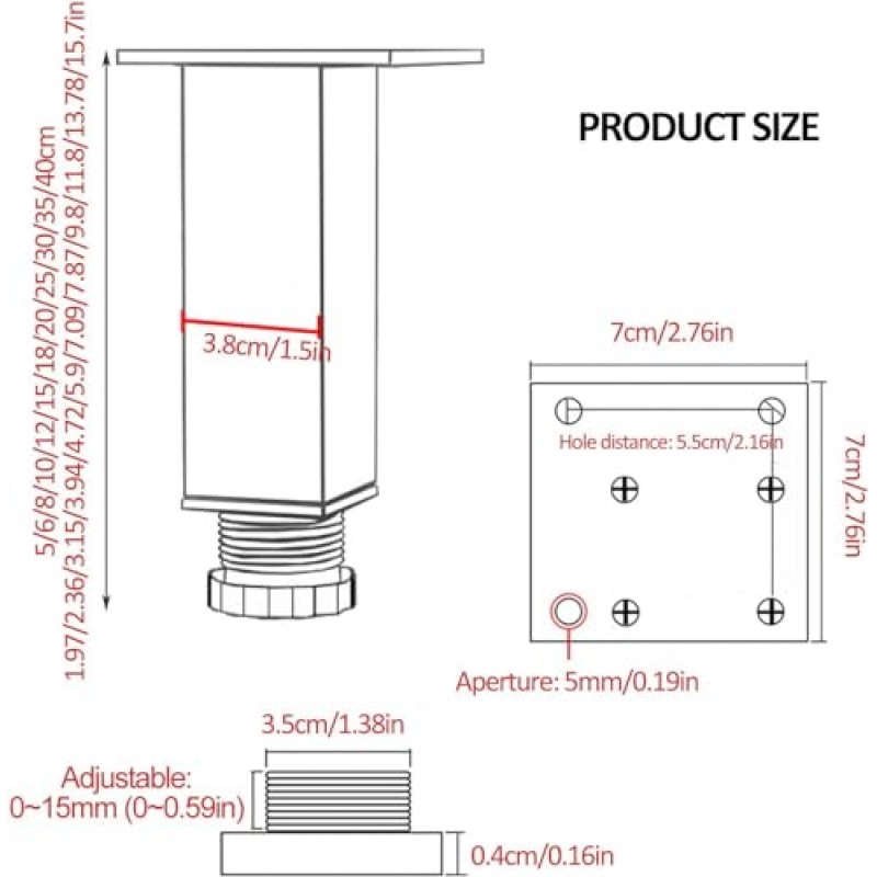 가구 다리, 테이블 다리, 가구 다리 조절 가능 10cm 12cm 15cm 20cm 25cm 30cm 40cm, 테이블 다리 금속, Diy 교체 가구 피트, 블랙/실버, 소파 책상 커피 테이블용 가구 다리, 4 Pc