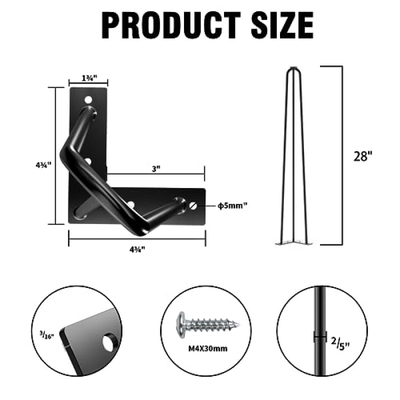 HOOSHEE 28인치 머리핀 가구 다리(900Lb), 튼튼한 머리핀 테이블 다리, 견고한 금속 테이블 다리, TV 스탠드, 캐비닛, 커피 테이블, 고무 바닥 보호 장치가 있는 책상 등을 위한 DIY 프로젝트 검정색 4개