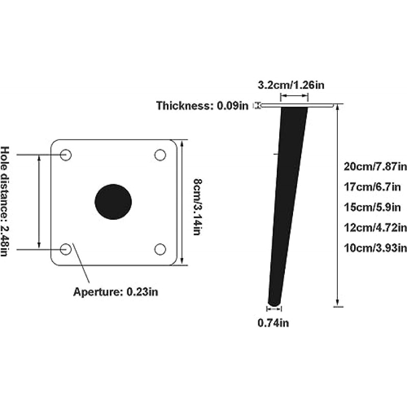 LYF 금속 가구 다리, 비스듬한 콘 소파 다리, DIY 가구 교체 다리, 캐비닛, 오토만, TV 스탠드, 발판, 침대 옆 탁자 4개, 스테인레스 스틸(색상: 검정색, 크기: 12cm)