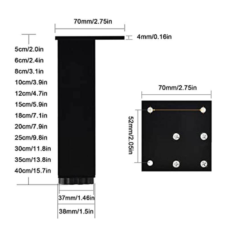 DOnhek 알루미늄 합금 가구 다리, 금속 사각 소파 다리, 미끄럼 방지 가구 다리, 나사 포함, 헤비 듀티 DIY 가구, 4 Pcs, Silver-30cm(11.8in) (Black 10cm(3.9in))
