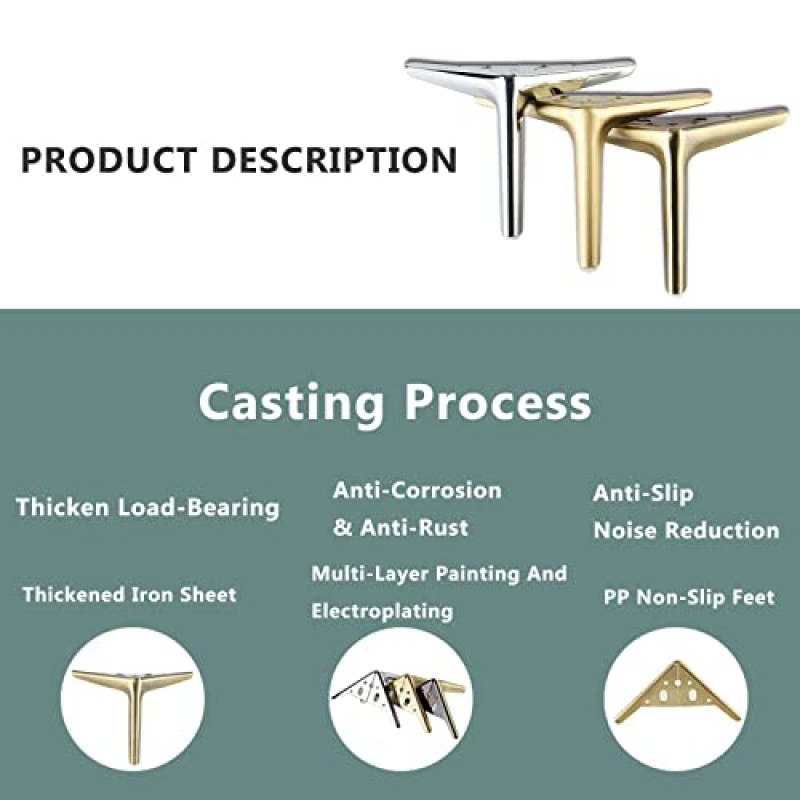 가구 다리 - 삼각형 금속 가구 다리, 현대식 탄소강 가구 다리 4개 세트 캐비닛 찬장 소파 소파 의자 오토만용 DIY 교체 다리 25cm 9.8인치-청동(색상: 브러시드 골드)