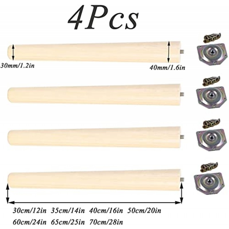 MEFFEE 테이블 다리, 원목 원목 테이블 발, DIY 지지대, 가구 교체용 다리, 방습, 설치 액세서리 포함(4개) (크기: 60cm/24in) (크기: 40cm/16in)