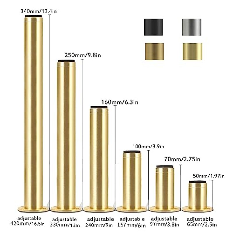 MZZHEDIE 4Pcs 조정 가능한 가구 다리, 금속 가구 다리, 알루미늄 합금 소파 발, DIY 가구 교체 다리, 테이블 의자 책상 찬장 캐비닛 용 소파 지지대 (6.3in, 브러시 골드)