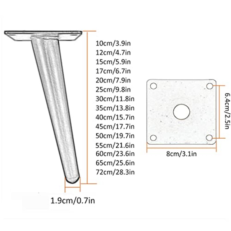 DOnhek 헤비 듀티 DIY 가구 다리, 금속 지지대, 25/35/45/55/65cm 캐비닛 다리, 기울어진 콘 소파 다리, Black-20cm/7.9in(Black 10cm/3.9in)