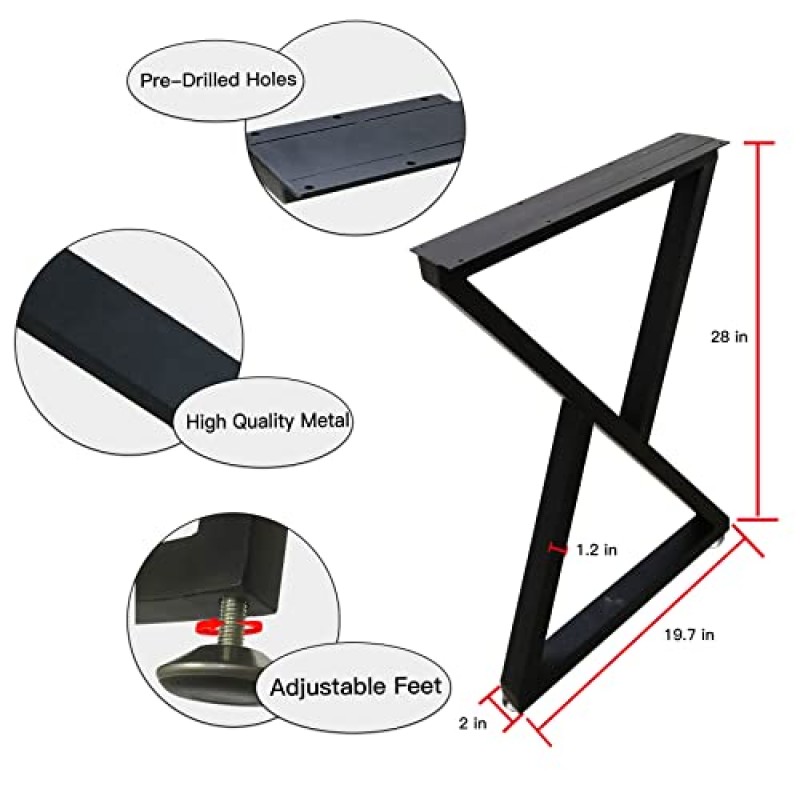YCCO 산업용 금속 테이블 다리 28인치 Hx23.6인치 W 2개 세트, 현대적인 헤비 듀티 키가 큰 검은 금속 책상 다리 베이스, 커피 테이블용 벤치 가구 다리 4개의 조절 가능한 다리, 삼각형