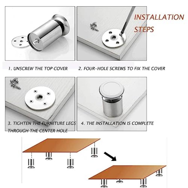 4 X 조정 가능한 피트 레벨링 헤비 듀티 테이블 다리 익스텐더 라이저 조정 가능한 캐비닛 피트 라운드 가구 다리 0-15mm DIY 가구, white-25CM(9.8IN) (흰색 8CM(3.1IN))