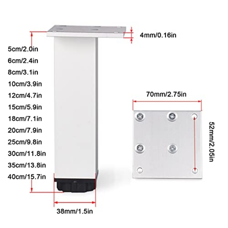 4 조각 두꺼운 가구 다리, 금속 사각형 다리, 알루미늄 합금 지지대, DIY 가구 하드웨어, 미끄럼 방지, 소파, 침대 옆 테이블, Silver-18cm(7.1in)
