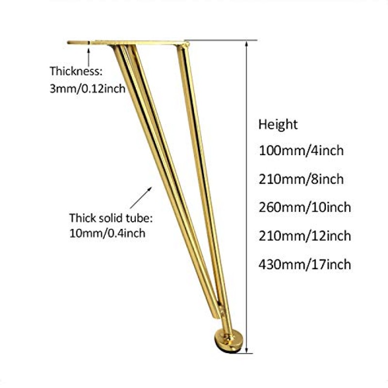 MRbron 4/8/10/12/17 인치 비스듬한 머리 핀치 가구 다리, 나이트 스탠드, SOFE, 고무 바닥 보호대가있는 커피 테이블 용 금속 홈 DIY 프로젝트, 황금 4Pcs