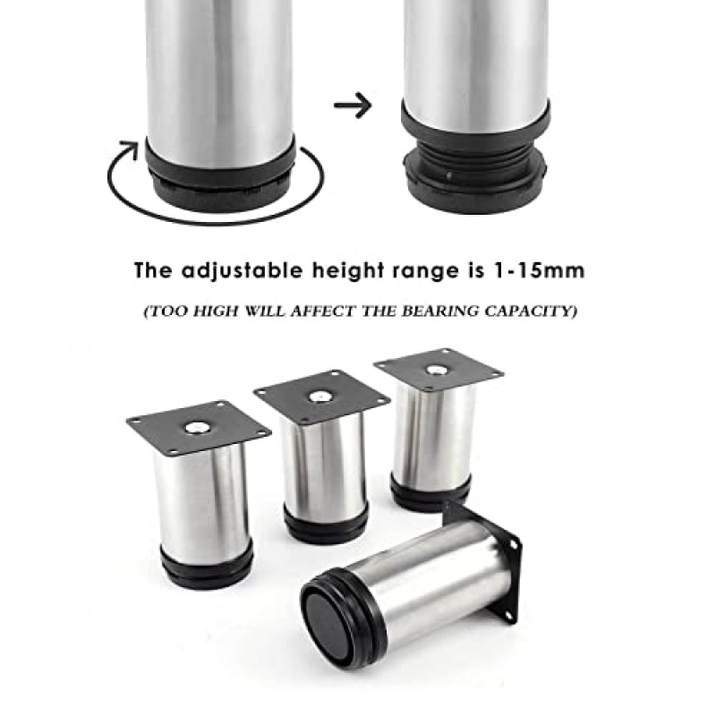 아침 식사 바 다리 조정 가능한 4 팩 조정 가능한 다리 침대 스테인레스 스틸 조정 가능한 다리 라운드 가구 다리 0-15mm DIY 가구, 50mm(1.96in) ()