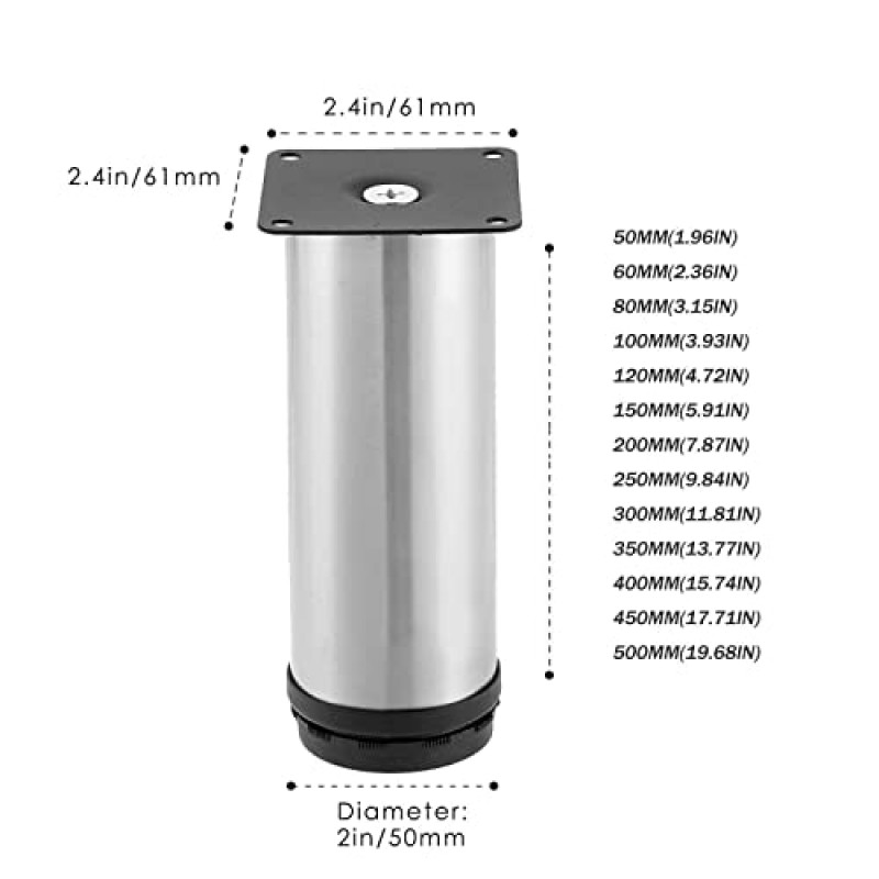 4 개의 교체 소파 다리 세트 테이블 다리 확장기 스테인레스 스틸 조절 다리 라운드 가구 다리 0-15mm DIY 가구, 450mm(17.71in) ()