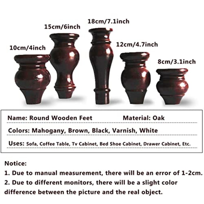 가구 다리 - 둥근 나무 롤빵 가구 다리 4개 세트, 소파 의자 오토만 러브시트 커피 테이블 캐비닛용 북유럽 교체 피트, 가구 지지 다리 DIY 프로젝트-10cm 4인치-블랙(색상: Bl