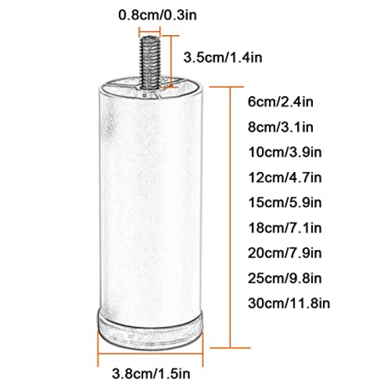 교체 가능한 가구 다리, 원통형 소파 다리, 조정 가능한 캐비닛 피트, 헤비 듀티 DIY 가구, 금속 테이블 다리, 드레서, 커피 테이블, Gold-20cm/7.9in