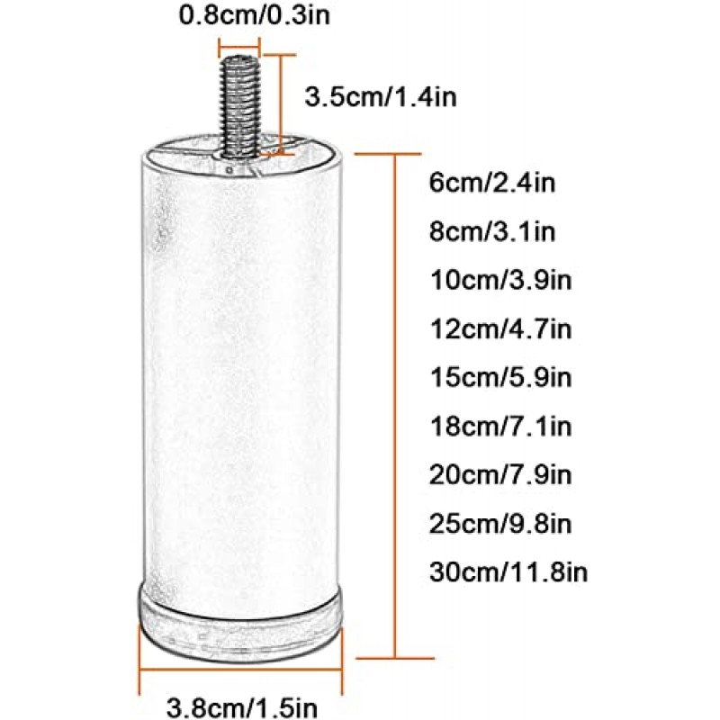 EZZON 교체 가능한 가구 다리, 원통형 소파 발, 조절 가능한 캐비닛 다리, 헤비 듀티 DIY 가구, 금속 테이블 다리, 옷장, 침대 옆 탁자, 커피 테이블, Silver-25cm/9.8in