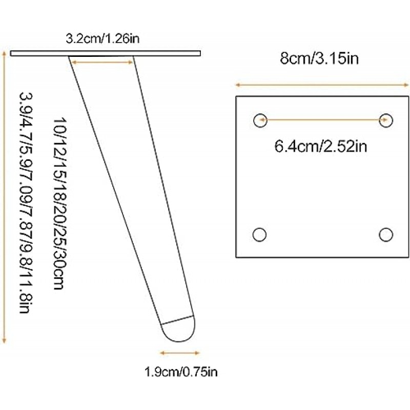 LYF 경사 가구 지지 다리, 현대 DIY 금속 테이블 다리, 소파, 침대, 커피 테이블, 식탁, 캐비닛, 책상, 4개 조각, 검정색-18cm/7.09in(색상: