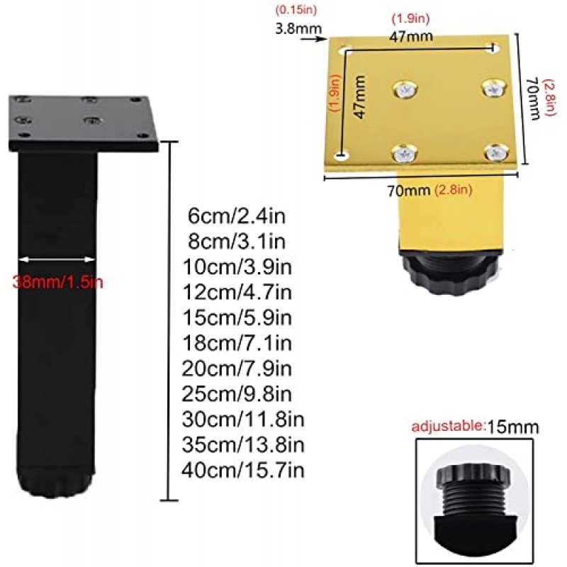 테이블 다리, 금속 가구 다리 높이 조절 가능한 알루미늄 합금 가구 발 소파 다리 주방 캐비닛 발 DIY 교체 발 테이블 찬장 소파 오토만, 나사 포함, 4 팩(검은색8cm/3)