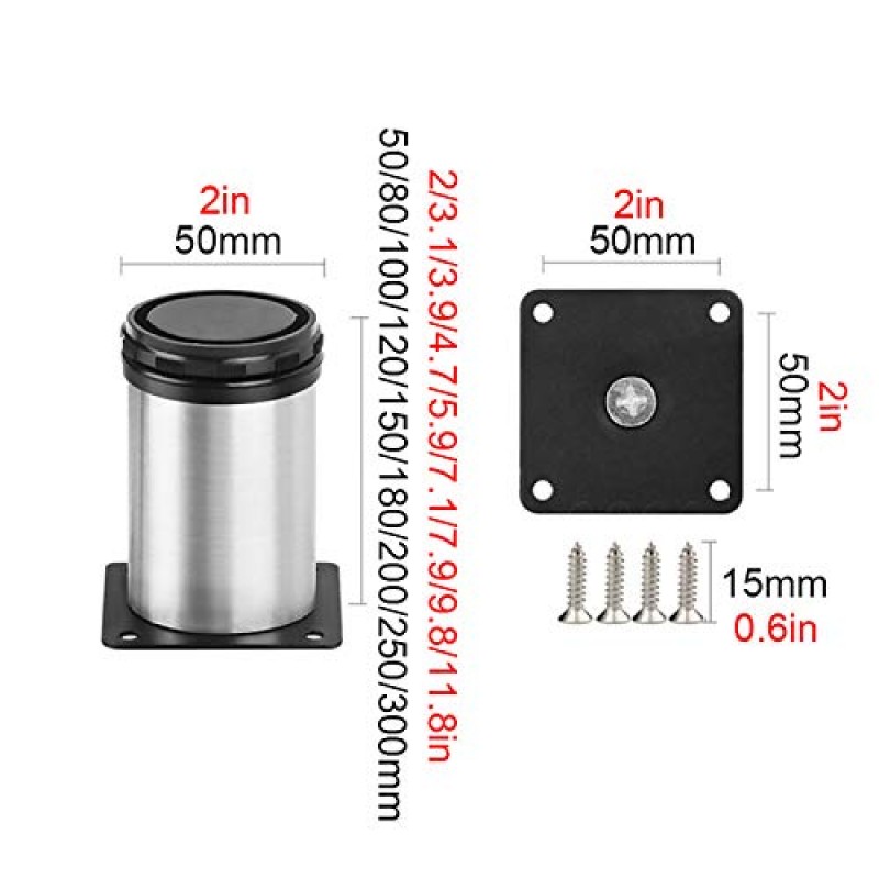 가구 다리 스테인레스 스틸 주방 조정 가능한 다리 라운드 2 인치 직경 가구 다리 4 개 세트 조정 가능한 가구 다리 소파 캐비닛 랙에 적합 DIY 가구