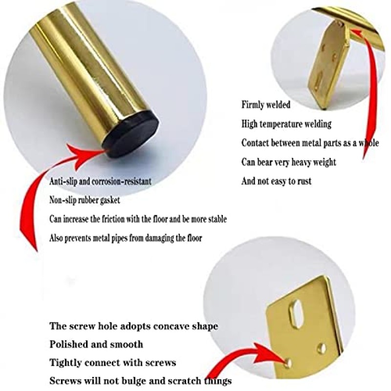 견고한 5인치 금속 가구 다리 금색, 현대식 철제 가구 다리 4개, 미끄럼 방지 DIY 교체 다리, 1200kg 지원 가능, 세척 및 닦기 가능, 녹슬지 않음