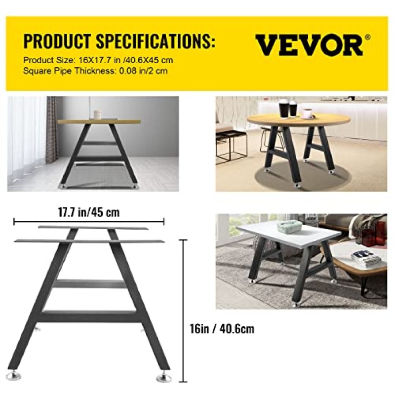 VEVOR 금속 테이블 다리 16 x 17.7인치 A자형 책상 다리 폴리우레탄 코팅이 있는 튼튼한 벤치 다리 2개 세트, 바닥 보호 장치가 있는 가구 다리, 가정용 연철 커피 테이블 다리 DIY 블랙