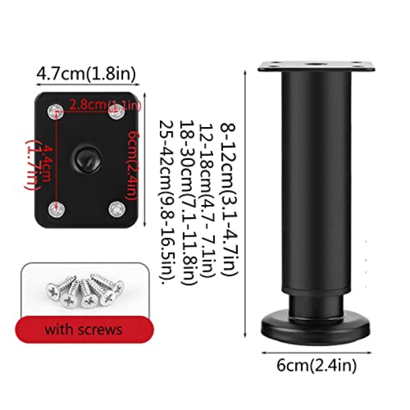 MRbron 4pcs 냉간 압연 강철 캐비닛 피트, 조절 가능한 높이 테이블 다리, 둥근 튜브 소파 다리, 금속 가구 다리, 교체 가구 라이저 다리, 홈 DIY 프로젝트 용, 25-42cm, 검정색